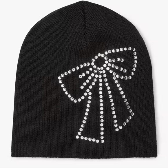Kate Spade Black Beanie with Rhinestone Bow Design Trompe L'oeil Bow Beanie New - Picture 2 of 7
